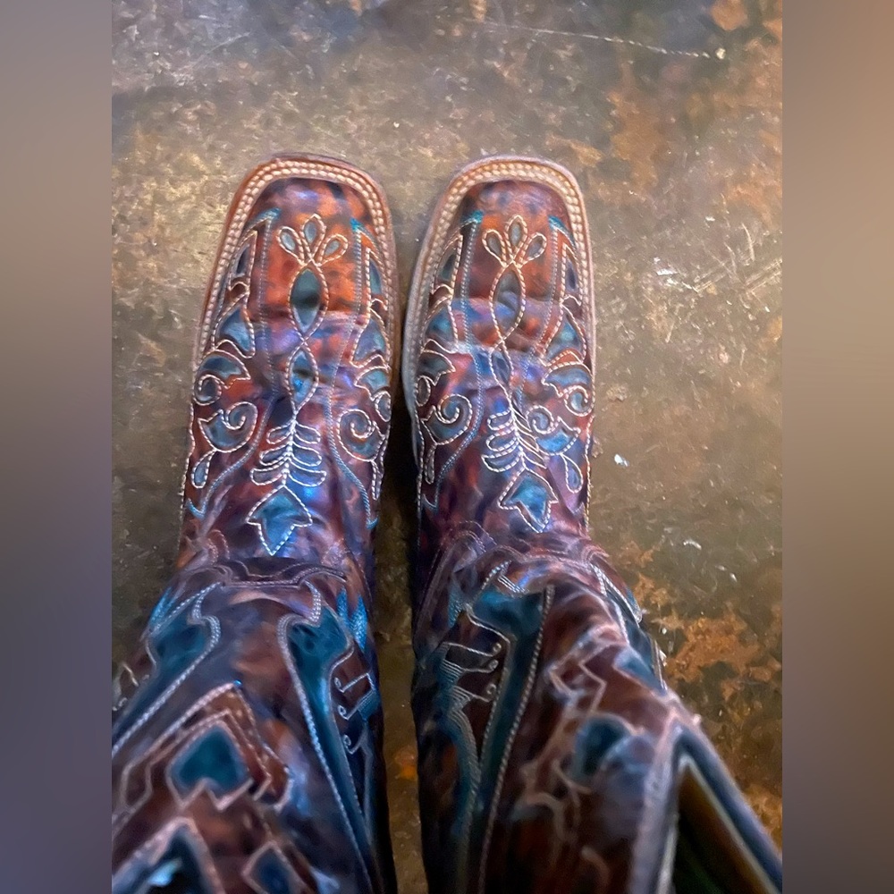 COPY - Corral square toe teal inlay cognac boots